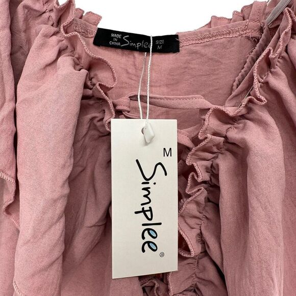 Pink Jumpsuit Off The Shoulder Ruffle Size M Lace Up V Neck Wide Leg Slit Boho - Picture 6 of 12